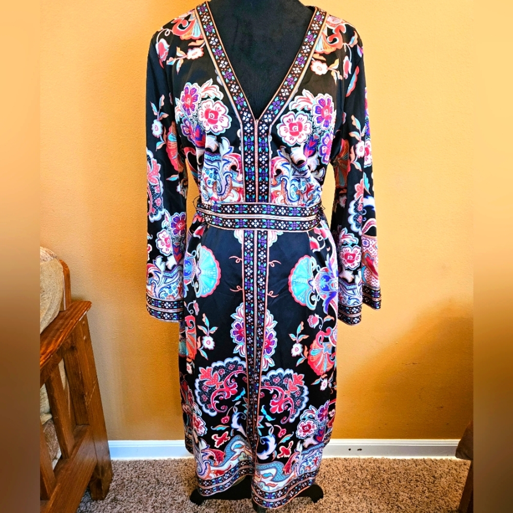 Mixit Pink and Blue Bell Sleeve Silky Floral Dress